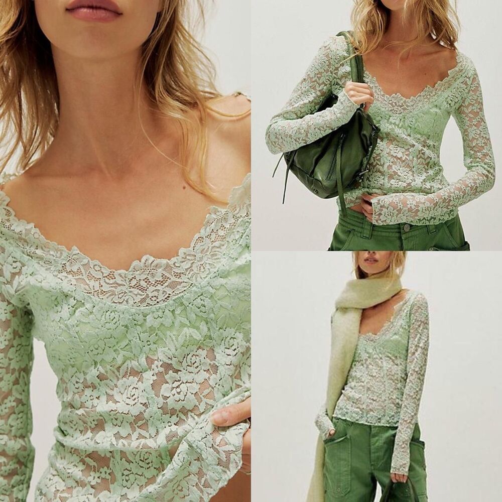 Intimately Free People All Night sheer Lace Top in Seafoam sz L indie boho fairy